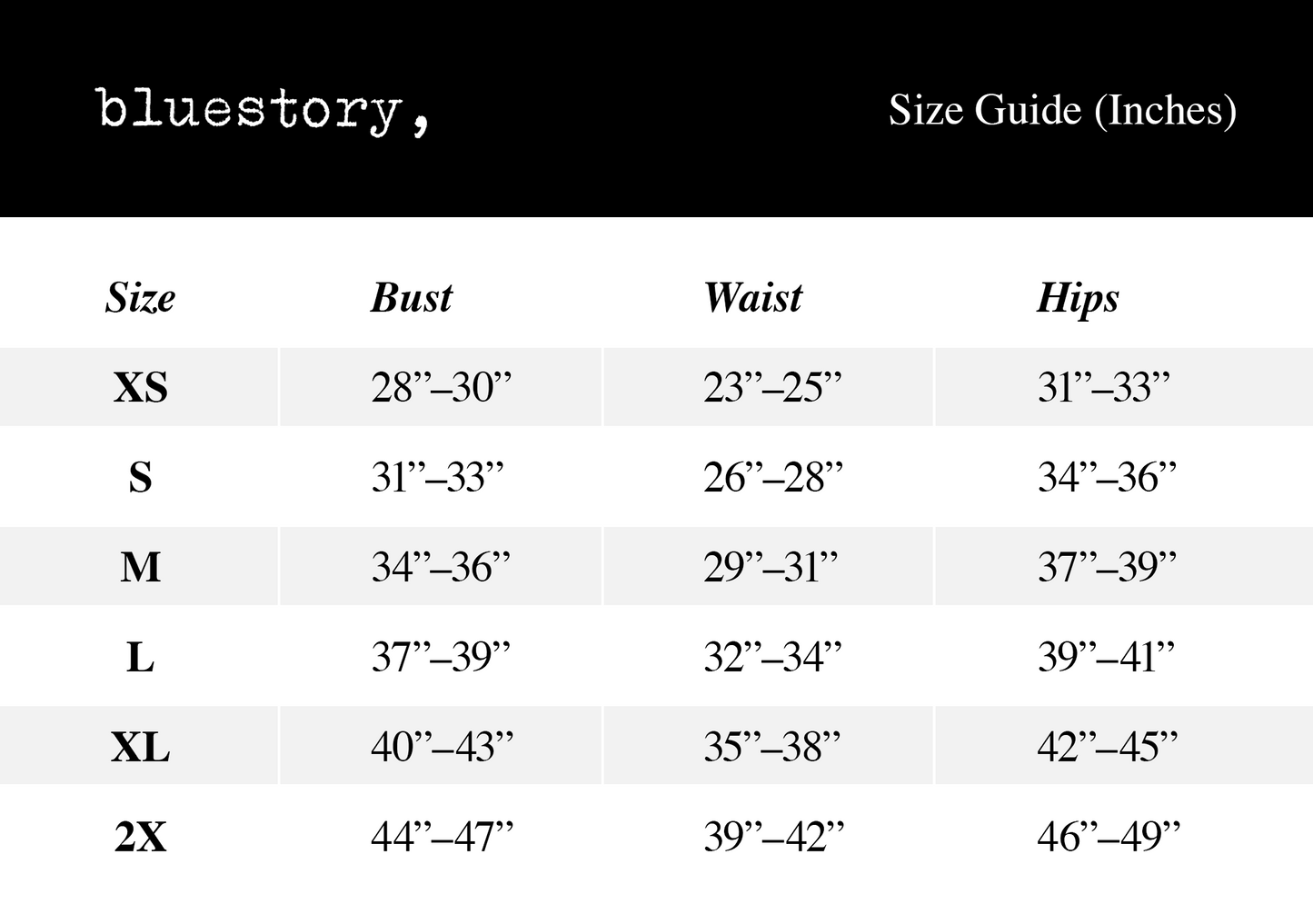 bluestory, bluestory vegan leather clothing brand size chart guide inches