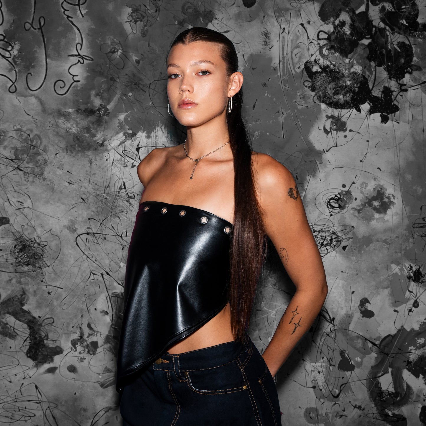 bluestory, bluestory vegan leather clothing brand made in la los angeles ca usa leather eyelet bandana bandeau top raven lehmukhl photographed at aleph studio
