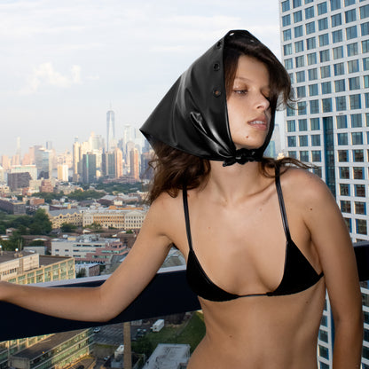bluestory, bluestory vegan leather clothing brand made in la los angeles ca usa lourden berez leather bikini triangle top and leather eyelet bandana photographed by lauren stucky