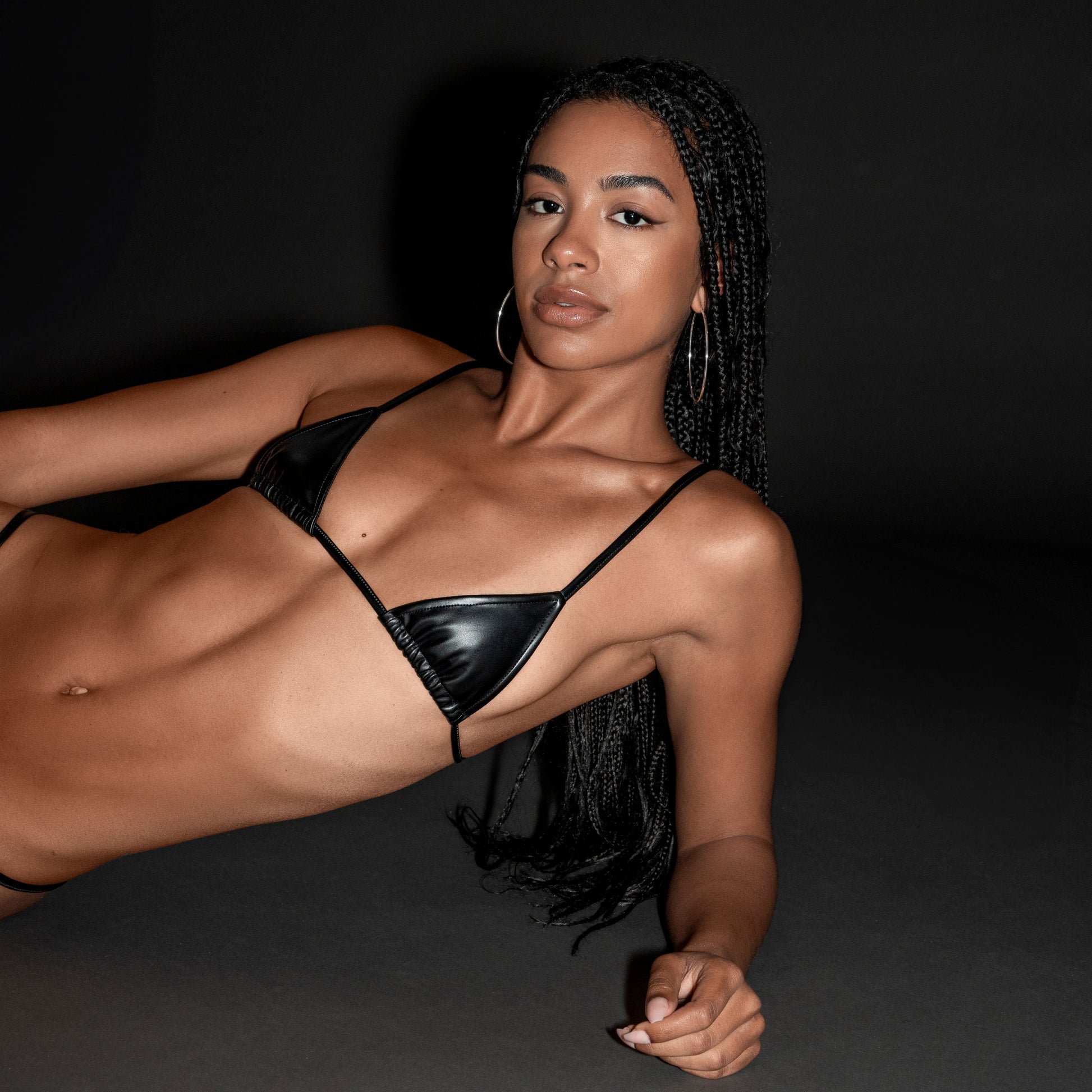 bluestory, bluestory vegan leather clothing brand made in la los angeles ca usa chloe warren wears the leather bikini photographed at aleph studio