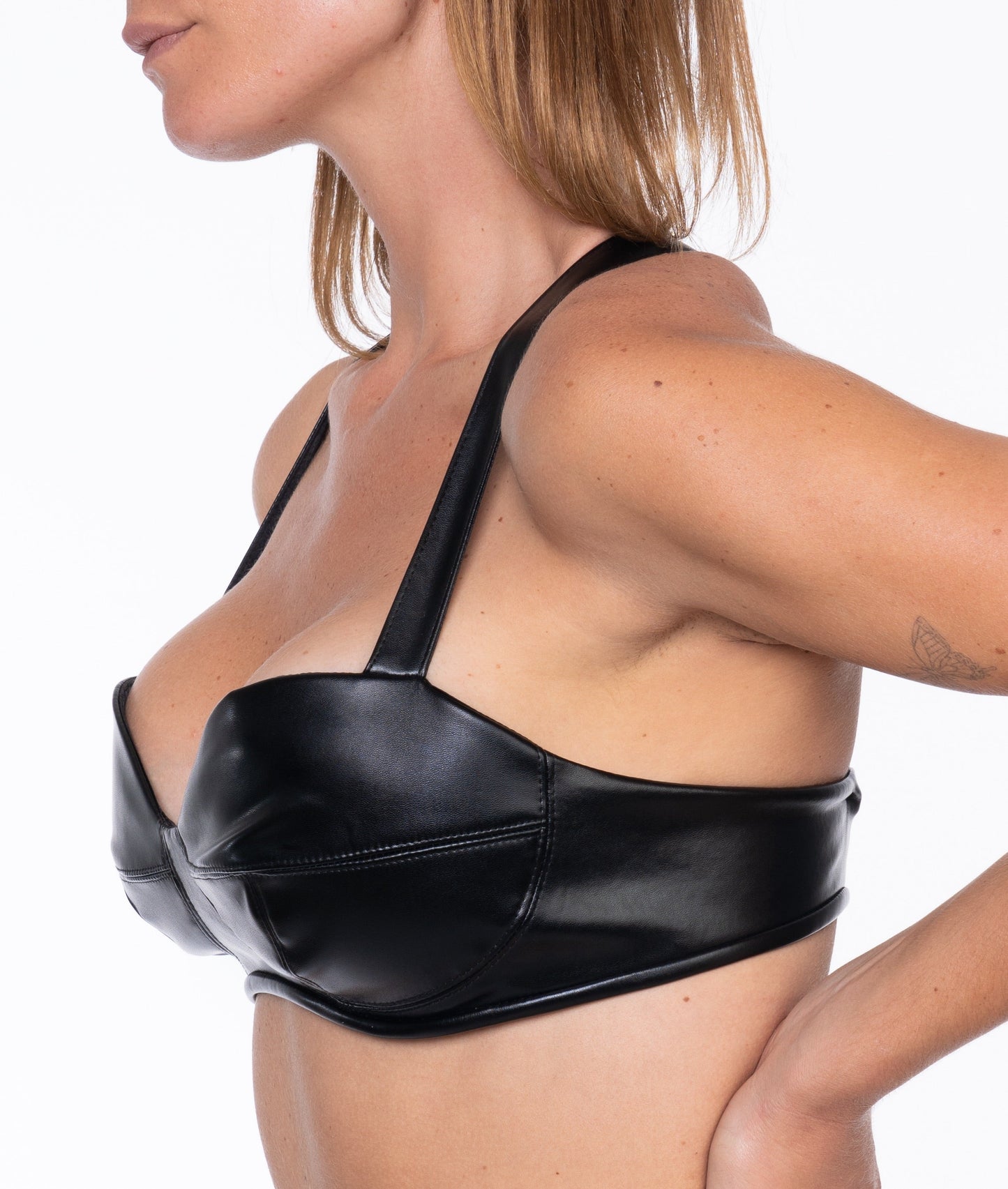 bluestory, bluestory vegan leather clothing brand made in la los angeles ca usa leather bustier bra maggie photographed at aleph studio