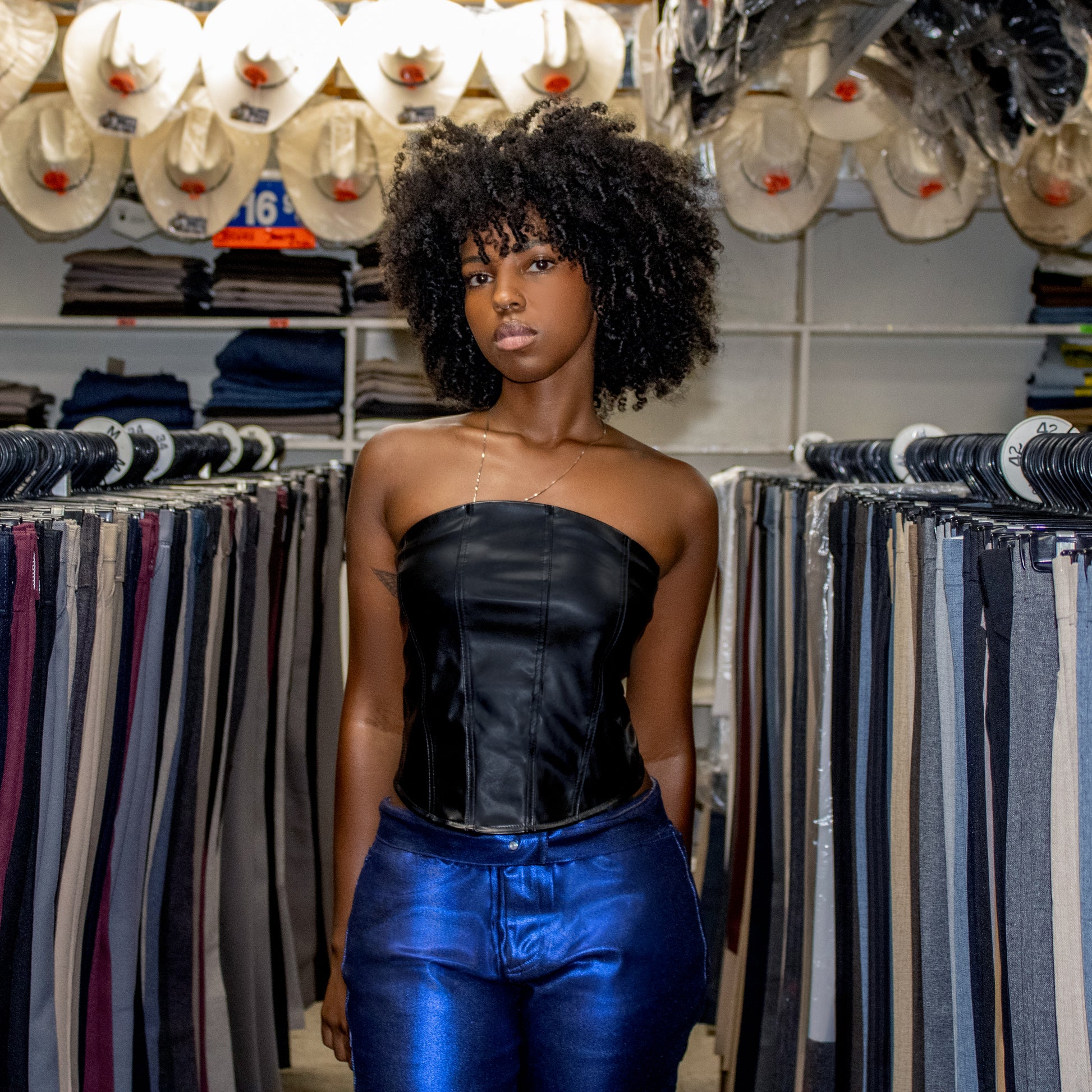 bluestory, bluestory vegan leather clothing brand made in la los angeles ca leather midriff bustier corset top editorial photographed by lauren stucky