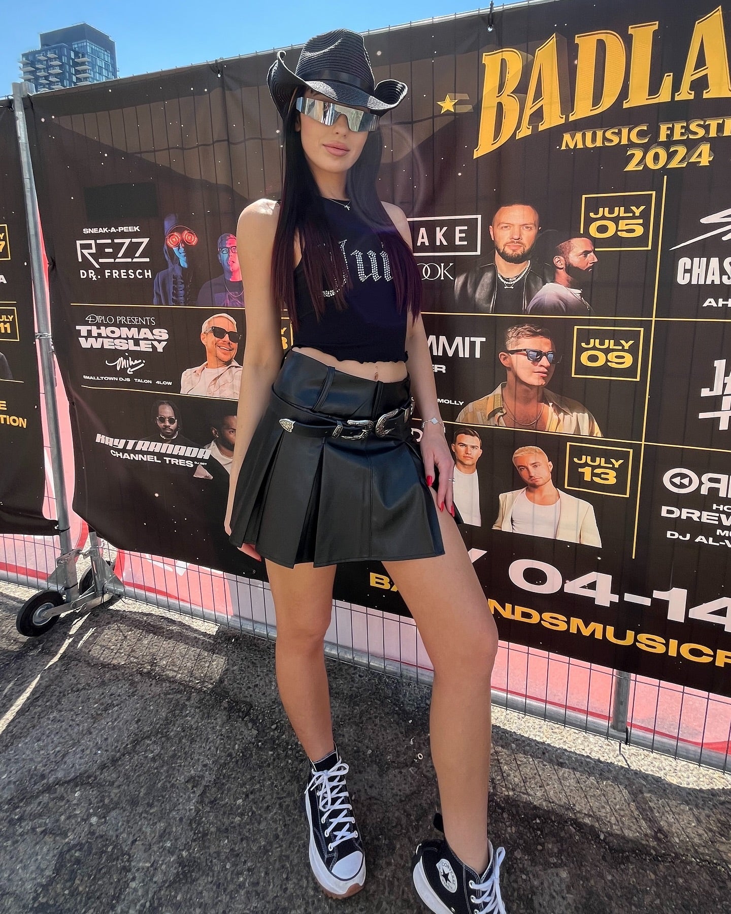 bluestory, bluestory vegan leather clothing brand made in la los angeles ca usa leather pleated mini skirt church of molly molly hughes badlands music festival dj influencer photo