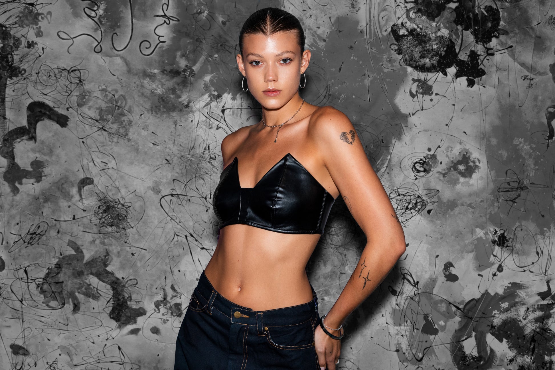 bluestory, bluestory vegan leather clothing brand made in la los angeles ca leather triangle bustier bra raven lehmukhl photographed at aleph studio by caleb thomas