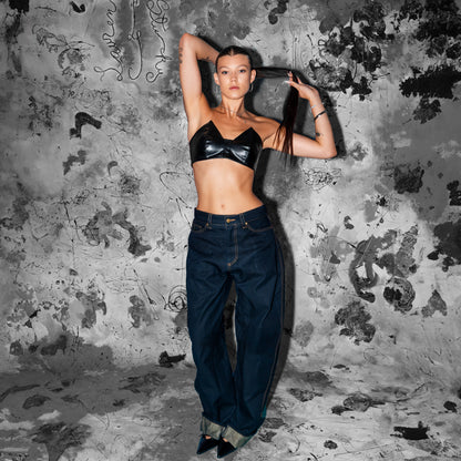 bluestory, bluestory vegan leather clothing bra made in la los angeles ca usa leather triangle bustier bra raven lehmukhl photographed at aleph studio