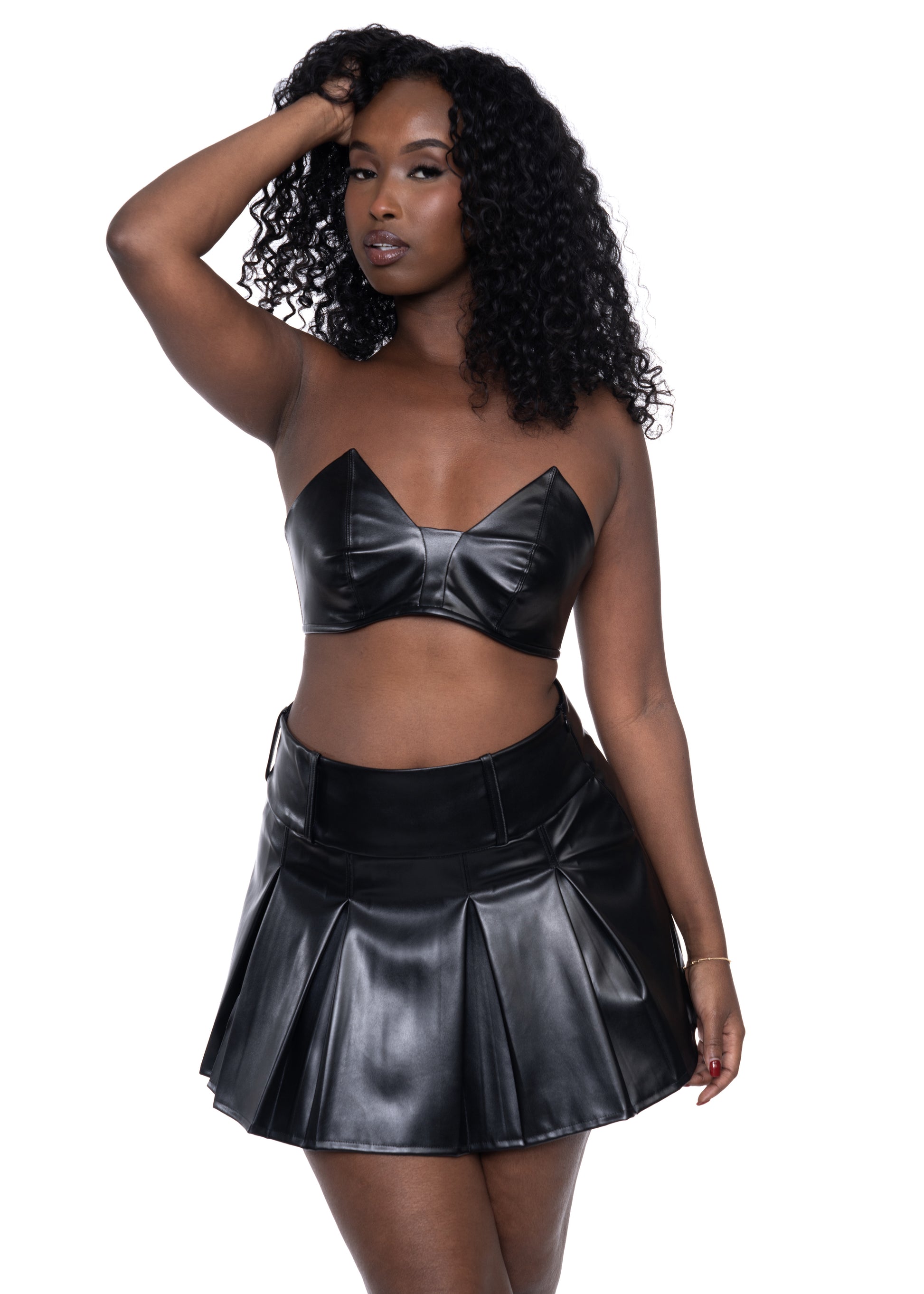 bluestory, bluestory vegan leather clothing brand made in la los angeles ca triangle bustier bra leather pleated mini skirt mona sed amazon product listing