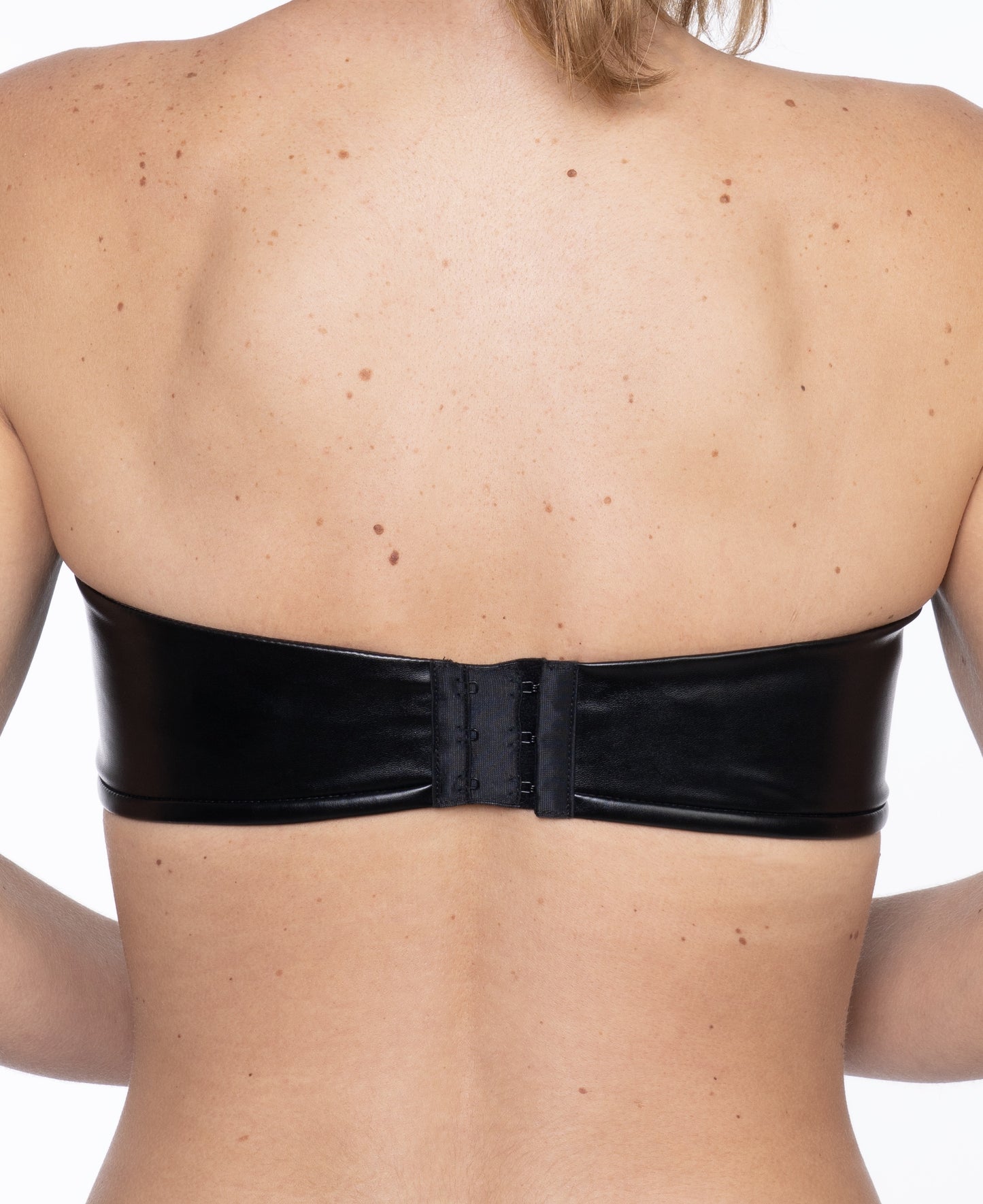 bluestory, bluestory vegan leather clothing brand made in la los angeles ca usa amazon product listing back view leather triangle bustier bra