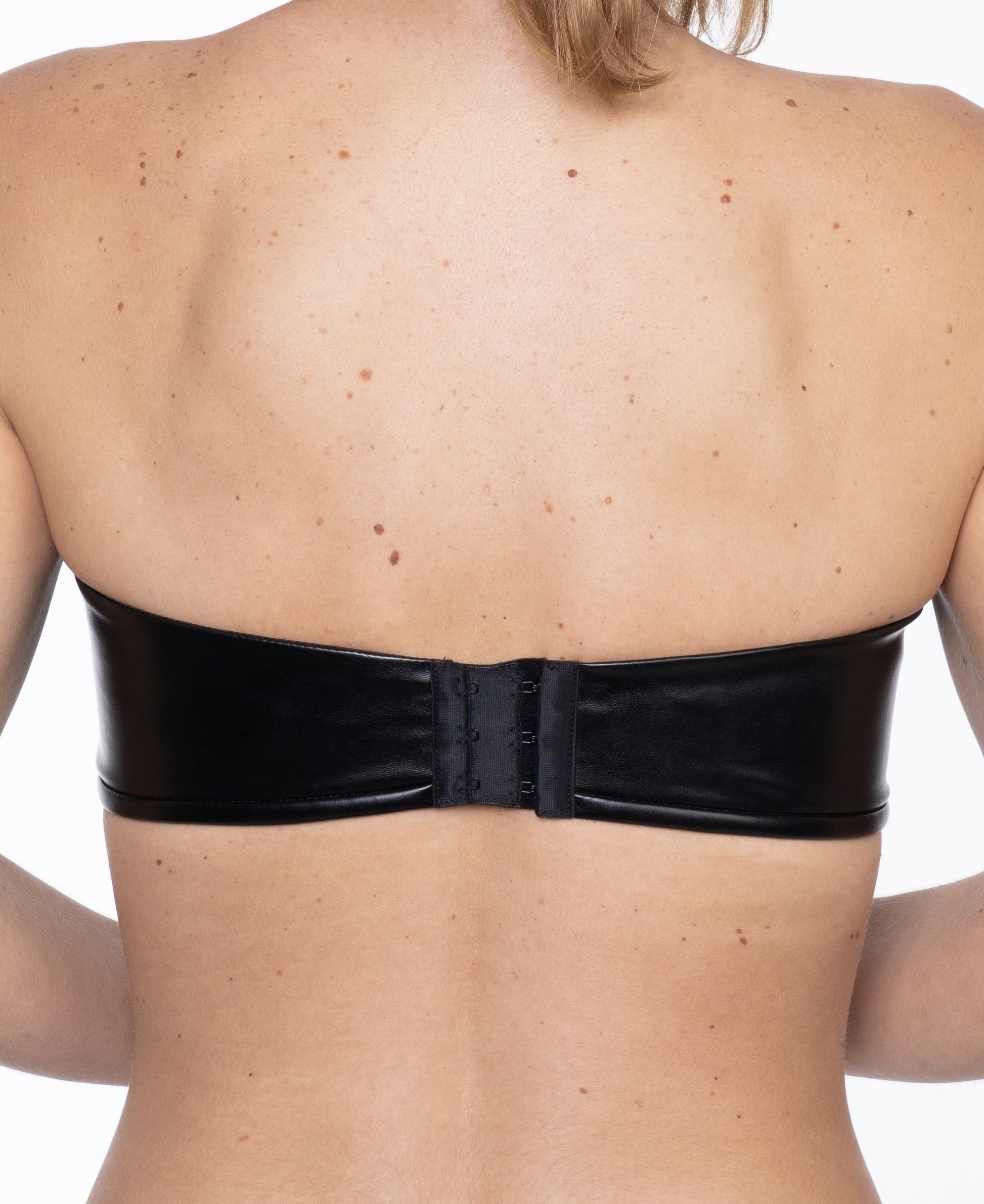 bluestory, bluestory vegan leather clothing brand made in la los angeles ca usa amazon product listing back view leather triangle bustier bra