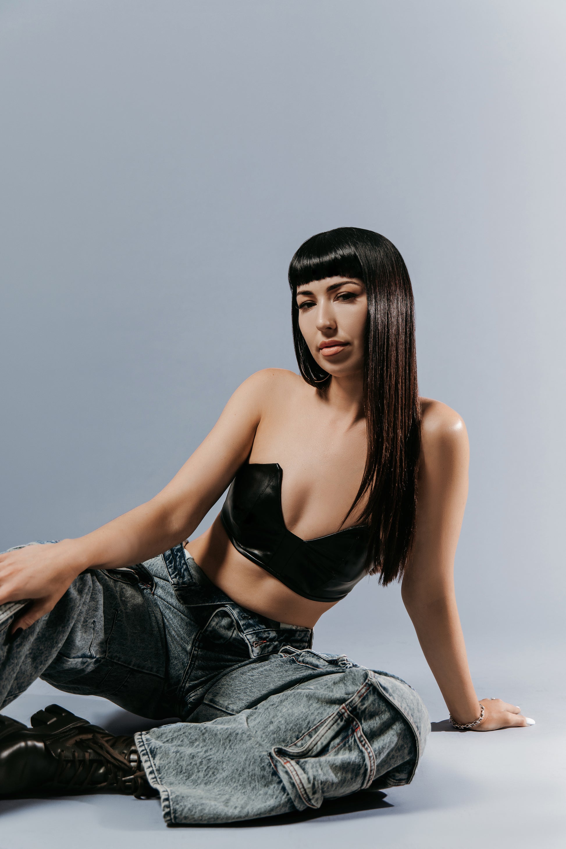 bluestory, bluestory vegan leather clothing brand made in la los angeles ca usa church of molly molly hughes dj influencer leather triangle bustier bra photoshoot aleph studio caleb thomas