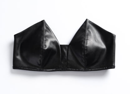 bluestory, bluestory vegan leather clothing brand made in la los angeles ca usa leather triangle bustier bra flat image amazon product listing