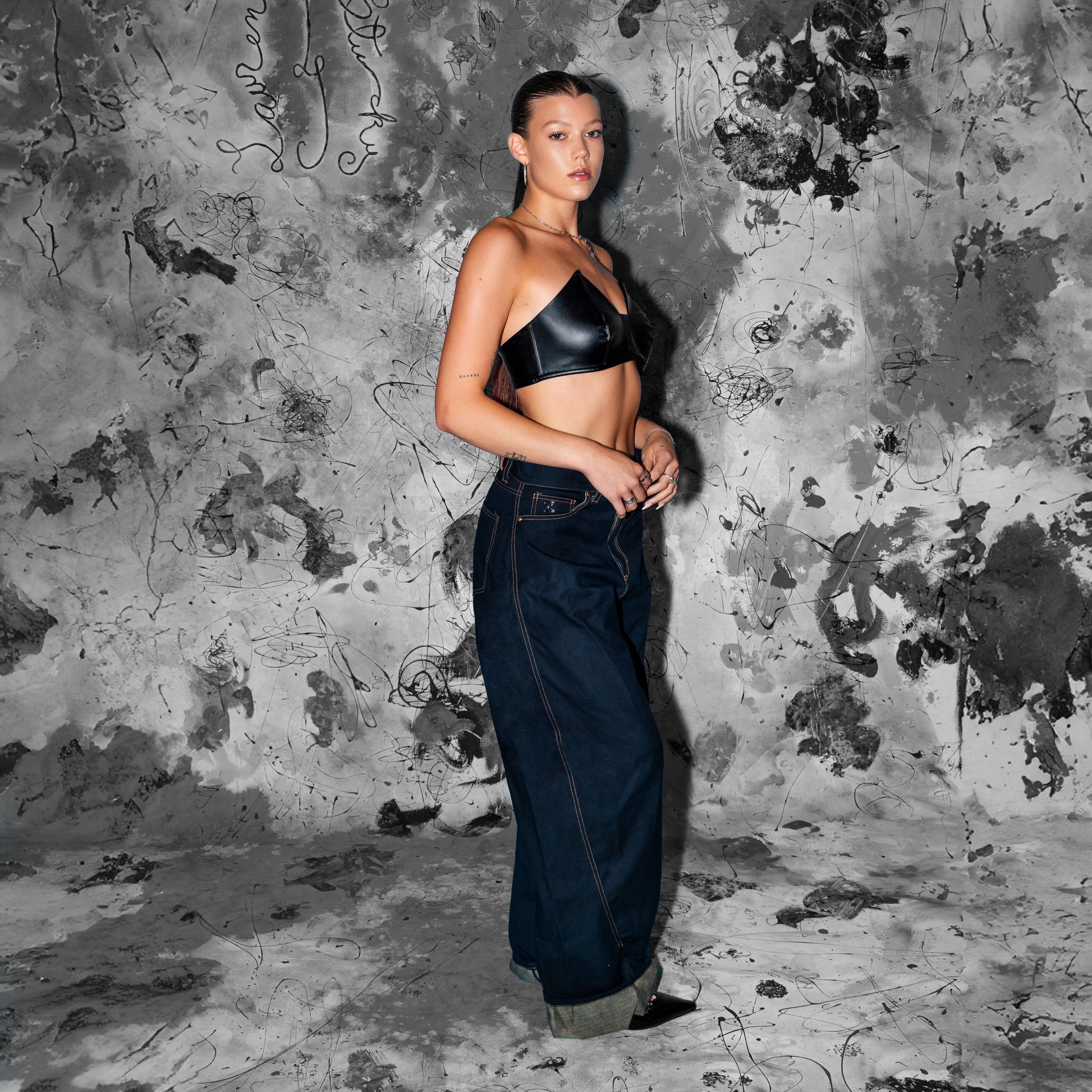 bluestory, bluestory vegan leather clothing brand made in la los angeles ca usa leather triangle bustier bra raven lehmukhl photographed at aleph studio by caleb thomas