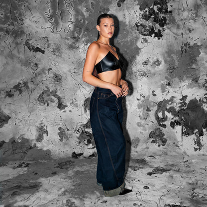 bluestory, bluestory vegan leather clothing brand made in la los angeles ca usa leather triangle bustier bra raven lehmukhl photographed at aleph studio by caleb thomas